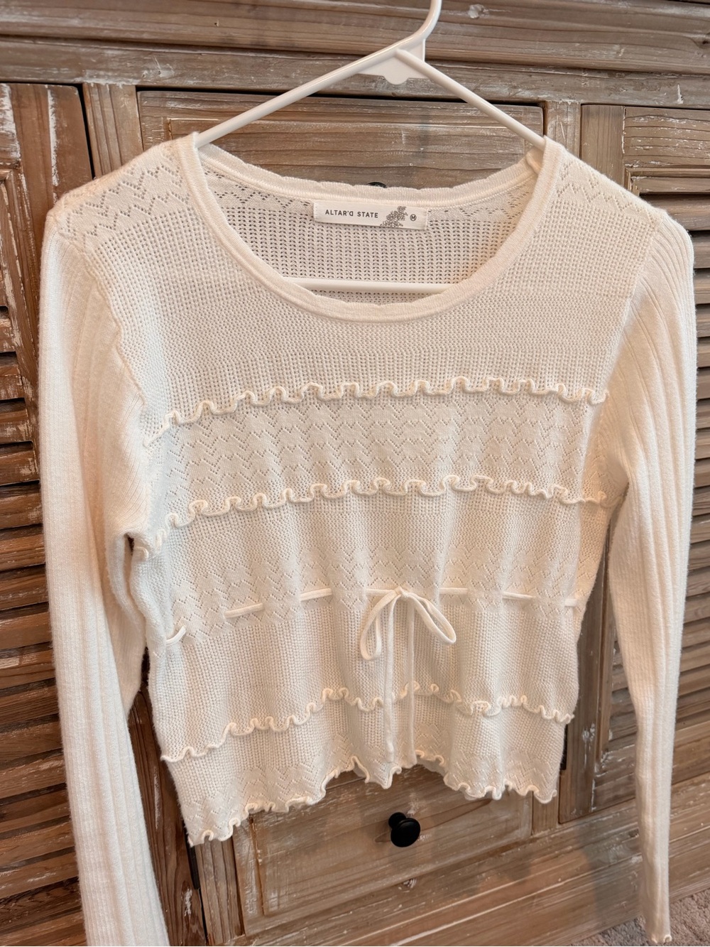 Altar'd State Ivory Pointelle Ruffle Trim Sweater (Size Medium) - Picture 2 of 10